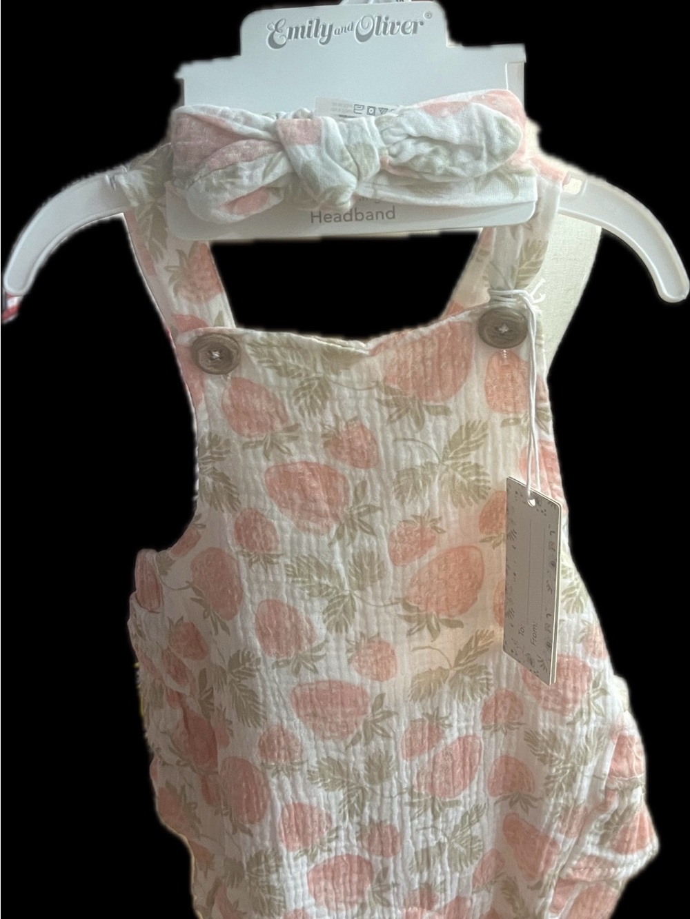 Emily and Oliver Pink Strawberry-Print Baby Overall Dress with Headband